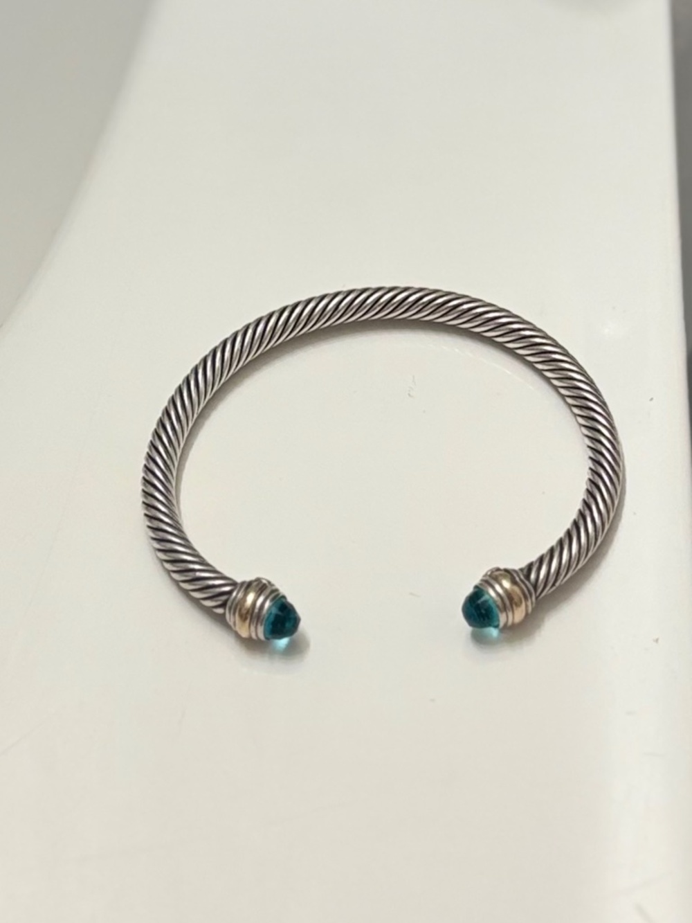 Authentic David Yurman Cable Cuff Bracelet Sterling Silver 925 Blue Topaz 14K